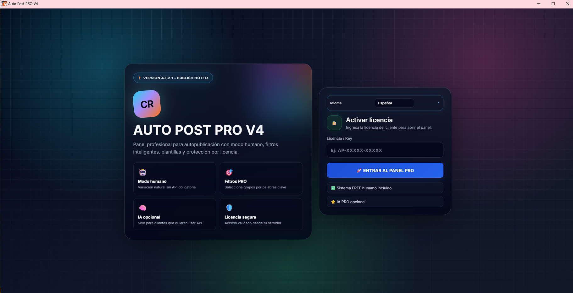 Pantalla de activación de licencia de Auto Post PRO V4